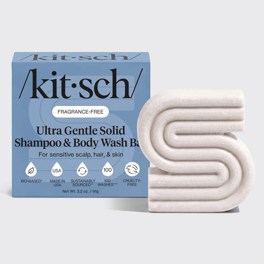 Kitsch ultra gentle solid shampoo & body wash bar with packaging on a light gray background