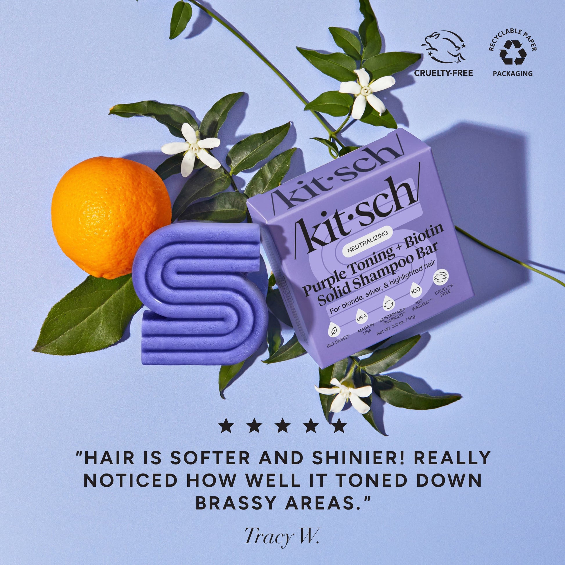Kitsch Purple Toning + Biotin Solid Shampoo Bar with orange blossom, jasmine, and a five-star customer review.
