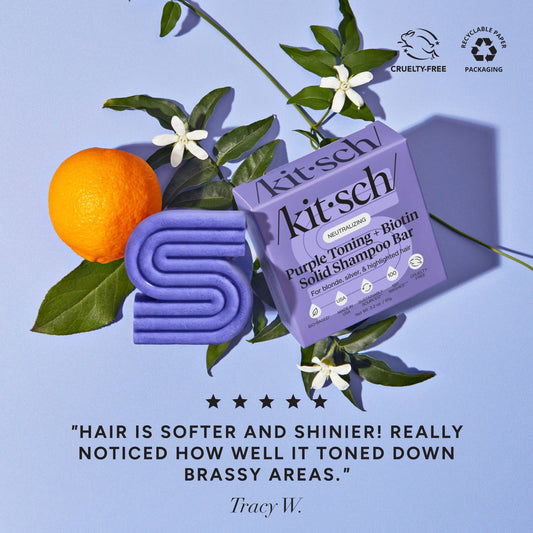 Kitsch Purple Toning + Biotin Solid Shampoo Bar with orange blossom, jasmine, and a five-star customer review.