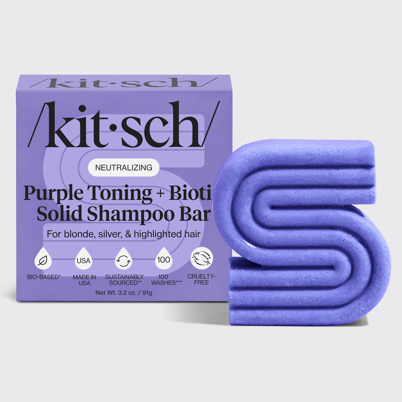 Kitsch Purple Toning + Biotin Solid Shampoo Bar for blonde, silver, and highlighted hair.