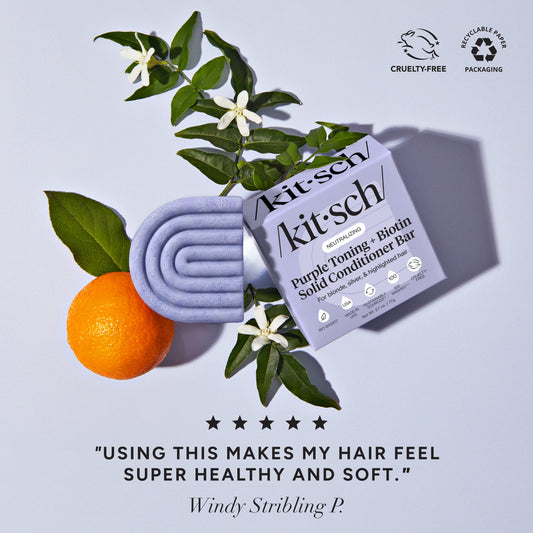 Kitsch Purple Toning + Biotin Solid Conditioner Bar with orange blossom, jasmine, and a five-star customer review.