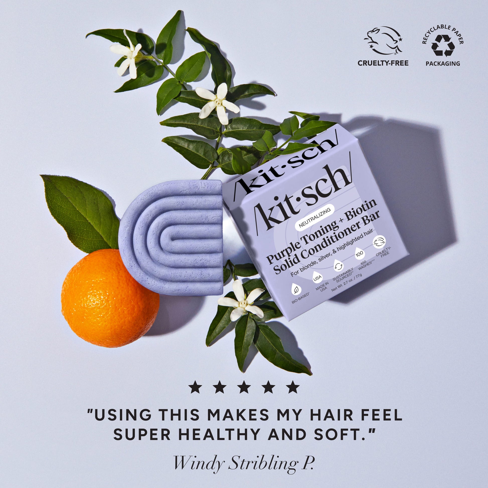 Kitsch Purple Toning + Biotin Solid Conditioner Bar with orange blossom, jasmine, and a five-star customer review.