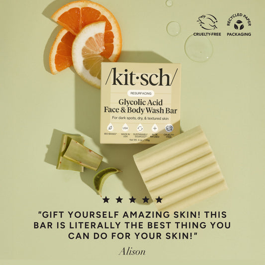 KITSCH Glycolic Acid Resurfacing Face and Body Wash — 5-star customer review graphic — Aloe-infused hydration soothes and minimizes irritation, delivering a non-stripping cleanse — gentle yet effective, formulated for first-time AHA users and sensitive skin
