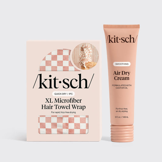 KITSCH The Air Dry Duo — hero product shot — Pairs Smoothing Air Dry Cream with XL Quick-Dry Hair Towel Wrap — cuts drying time, locks down frizz, and leaves your hair looking effortlessly styled without heat