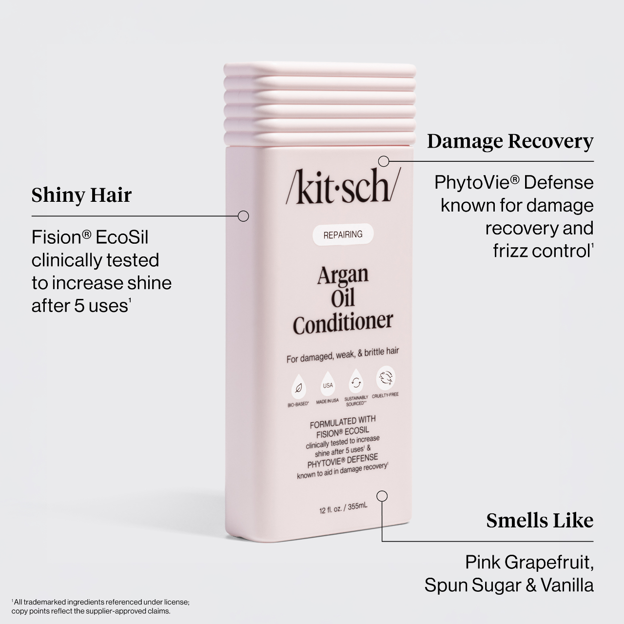 KITSCH Repairing Argan Oil Conditioner benefit callout — Shiny Hair: Fision® EcoSil clinically tested to increase shine after 5 uses — Damage Recovery: PhytoVie® Defense known for damage recovery and frizz control — Smells Like: Pink Grapefruit, Spun Sugar & Vanilla