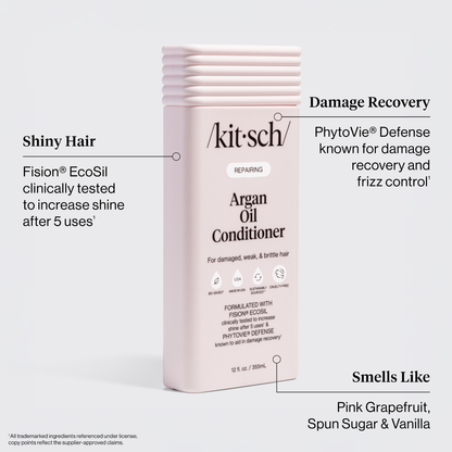 KITSCH Repairing Argan Oil Conditioner benefit callout — Shiny Hair: Fision® EcoSil clinically tested to increase shine after 5 uses — Damage Recovery: PhytoVie® Defense known for damage recovery and frizz control — Smells Like: Pink Grapefruit, Spun Sugar & Vanilla