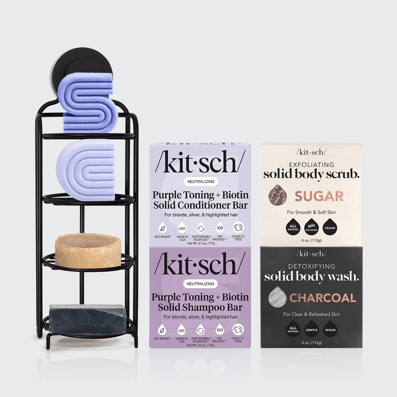 KITSCH Build Your Own Shampoo & Conditioner with FREE Self-Draining Shower Caddy — variant shot — Biotin and Purple Toning solid shampoo conditioner caddy bundle — color care and volumizing