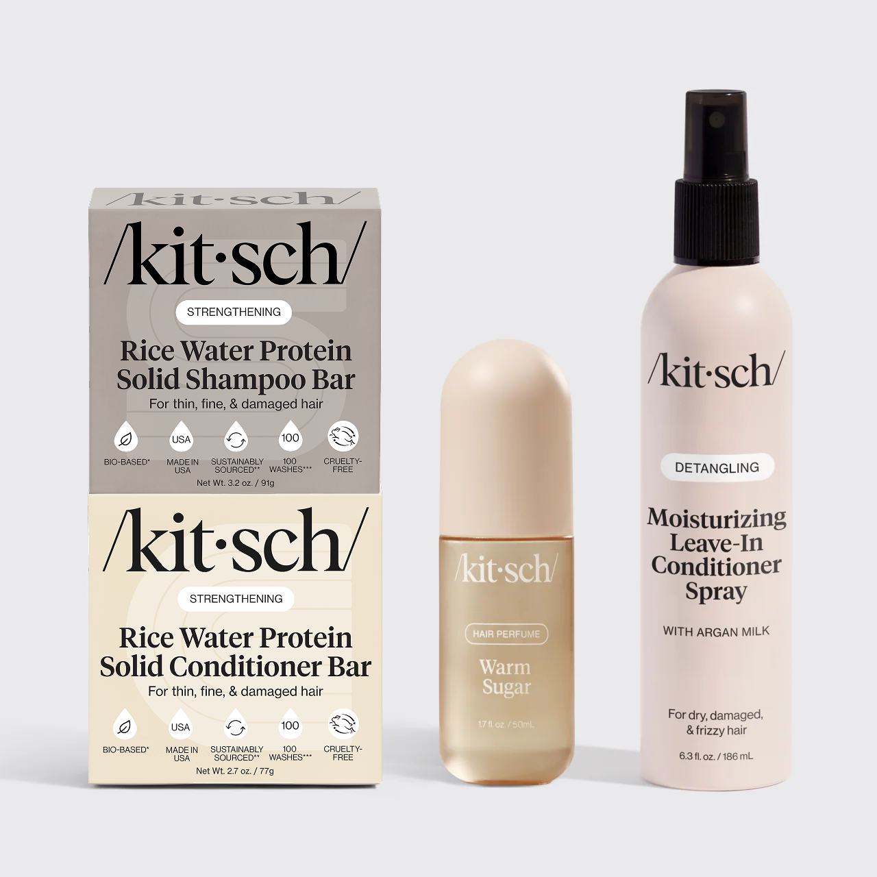 KITSCH Build Your Own Hair Routine Bundle — hero flat lay — shampoo bar, conditioner bar, hair perfume, styling product — customizable hair care routine