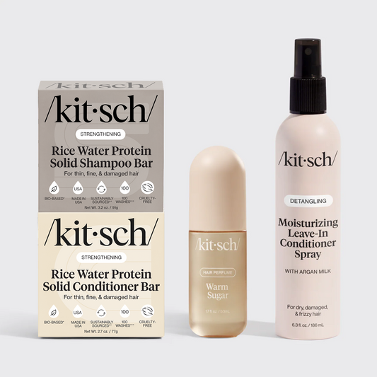 KITSCH Build Your Own Hair Routine Bundle — hero flat lay — shampoo bar, conditioner bar, hair perfume, styling product — customizable hair care routine