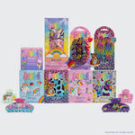 Lisa Frank x Kitsch bundle collection featuring colorful satin pillowcases, satin scrunchies, claw clips, body wash bar, and hair accessories displayed together in rainbow themed packaging with animal and fantasy inspired artwork.