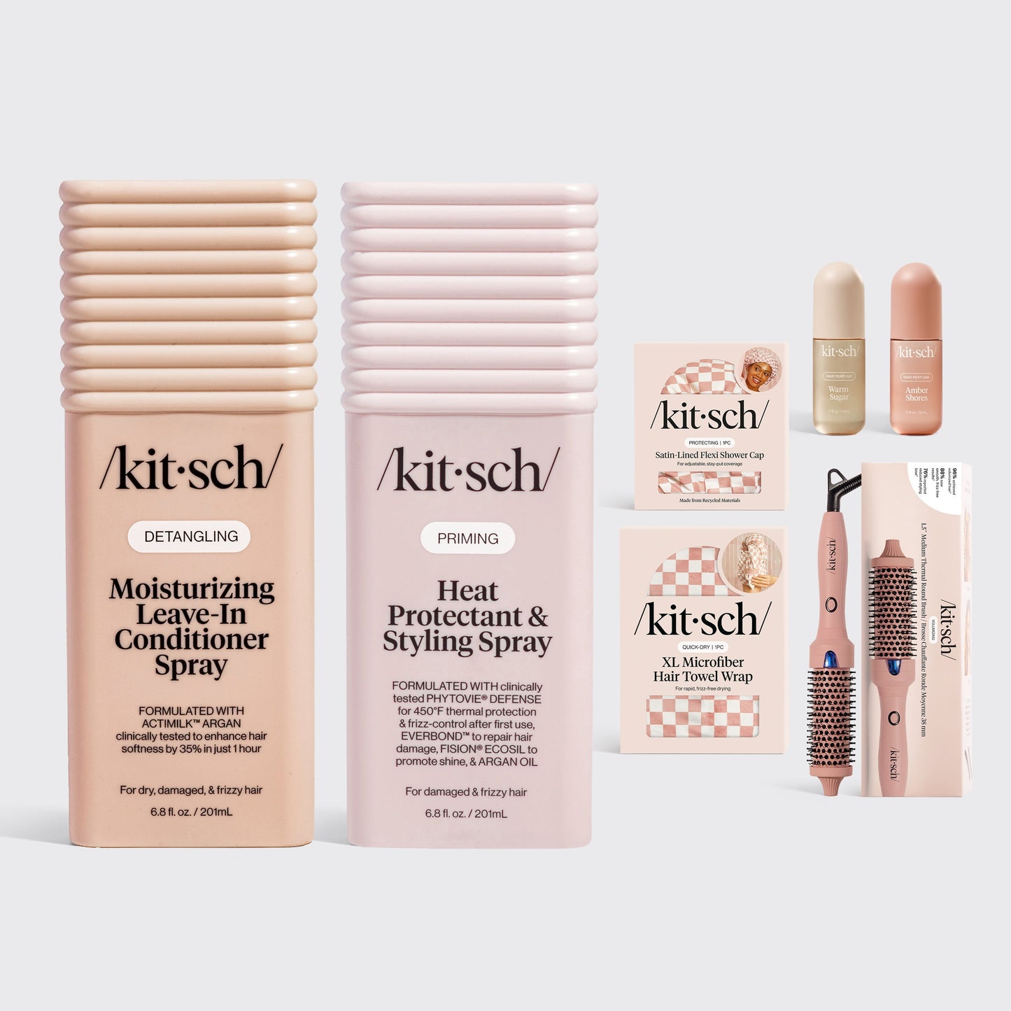 Kitsch Founders Favorites bundle with Moisturizing Leave-In Conditioner Spray, Heat Protectant & Styling Spray, Satin-Lined Flexi Shower Cap, XL Microfiber Hair Towel Wrap, two hair perfumes, and Thermal Round Brush