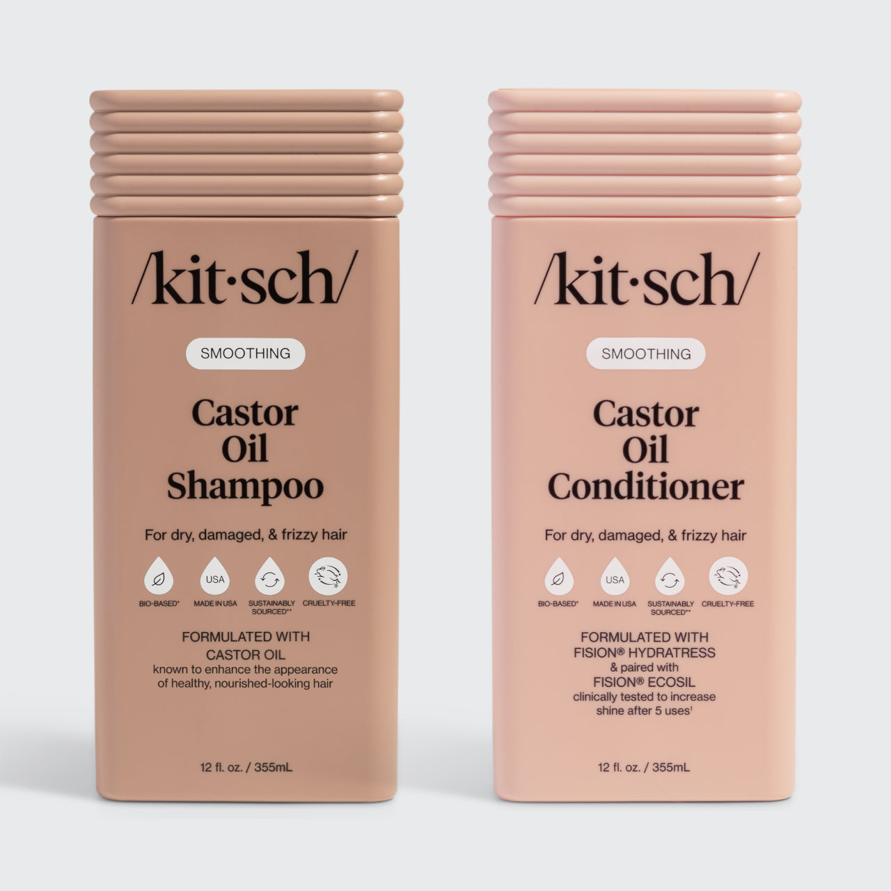 Two bottles of Kitsch Castor Oil Shampoo and Conditioner on a white background