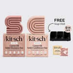 KITSCH Nourishing Castor Oil Self Draining Black Soap Dish Bundle — hero bundle flat lay on light gray background — Castor Oil Solid Shampoo Bar + Solid Conditioner Bar + Shea Butter Body Wash Bar + FREE black self-draining soap dish — $14 OFF — For dry, damaged, & frizzy hair — Holds all 3 bars at once
