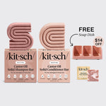 KITSCH Nourishing Castor Oil Self Draining Terracotta Soap Dish Bundle — hero bundle flat lay on light gray background — Castor Oil Solid Shampoo Bar + Solid Conditioner Bar + Shea Butter Body Wash Bar + FREE terracotta self-draining soap dish — $14 OFF — For dry, damaged, & frizzy hair — Holds all 3 bars at once