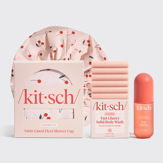 KITSCH Cherry Bathroom Bundle — hero flat lay — Cleansing Tart Cherry Solid Body Wash Bar + Tart Cherry Hair & Body Perfume — complete cherry-scented bathroom routine