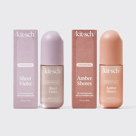 Kitsch Coastal Retreat Duo – Sheer Violet and Amber Shores hair perfumes paired on a coastal-inspired background