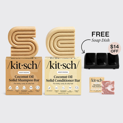 KITSCH Moisturizing Coconut Oil Black Soap Dish Bundle — hero bundle flat lay — Coconut Oil Shampoo & Conditioner Bars + Shea Butter Body Wash + FREE Black Self-Draining Soap Dish — boost volume & strengthen hair