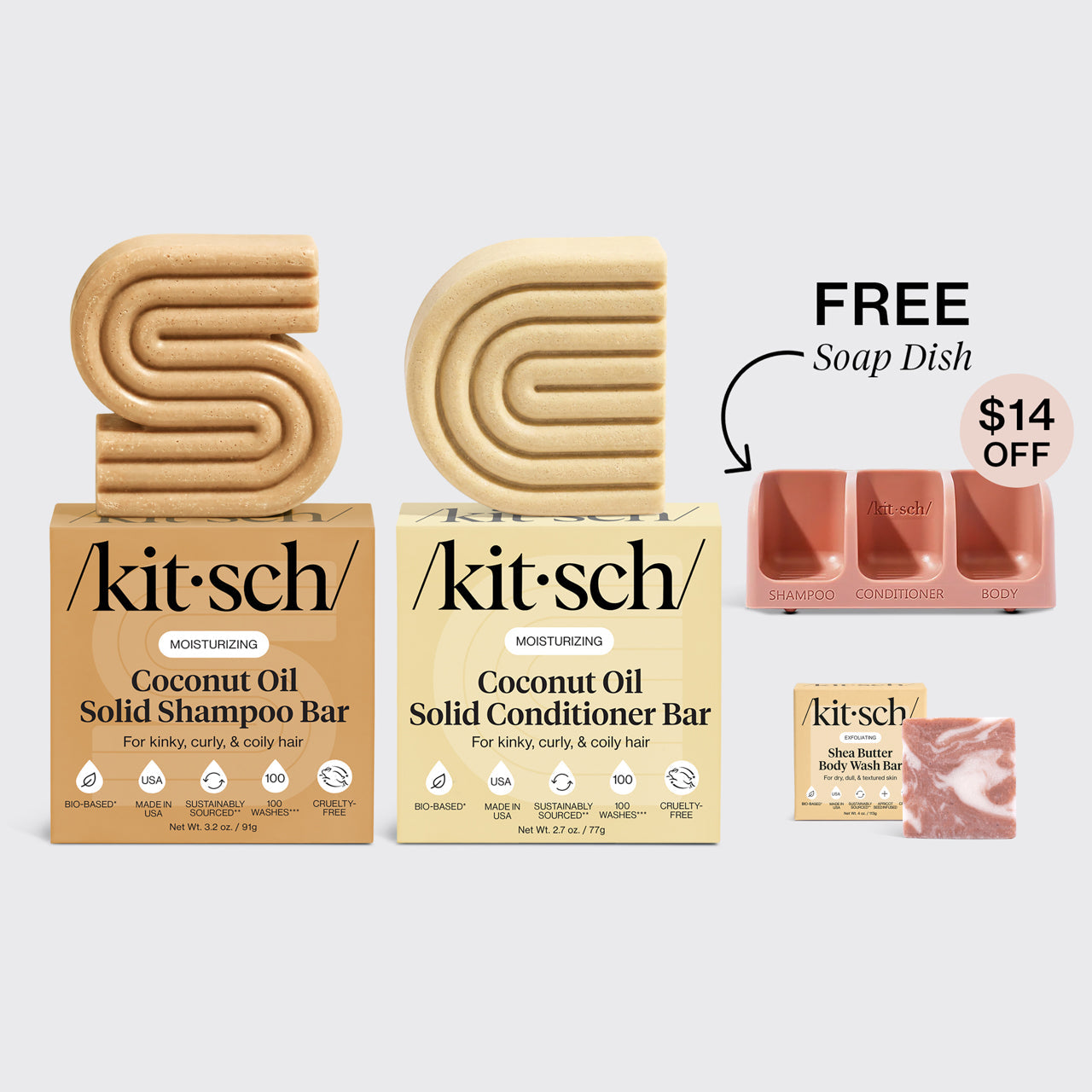KITSCH Moisturizing Coconut Oil Terracotta Soap Dish Bundle — hero product flat-lay — Coconut Oil Shampoo & Conditioner Bar Combo, Shea Butter Body Wash Bar, and FREE Terracotta Self-Draining Soap Dish