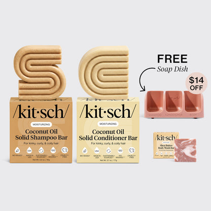 KITSCH Moisturizing Coconut Oil Terracotta Soap Dish Bundle — hero product flat-lay — Coconut Oil Shampoo & Conditioner Bar Combo, Shea Butter Body Wash Bar, and FREE Terracotta Self-Draining Soap Dish