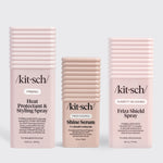 KITSCH Curl-to-Straight Frizz Control Bundle — product flat lay — Frizz Shield Spray, Heat Protectant Styling Mist, and Glass Hair Shine Serum — complete frizz control system for curly to straight styling