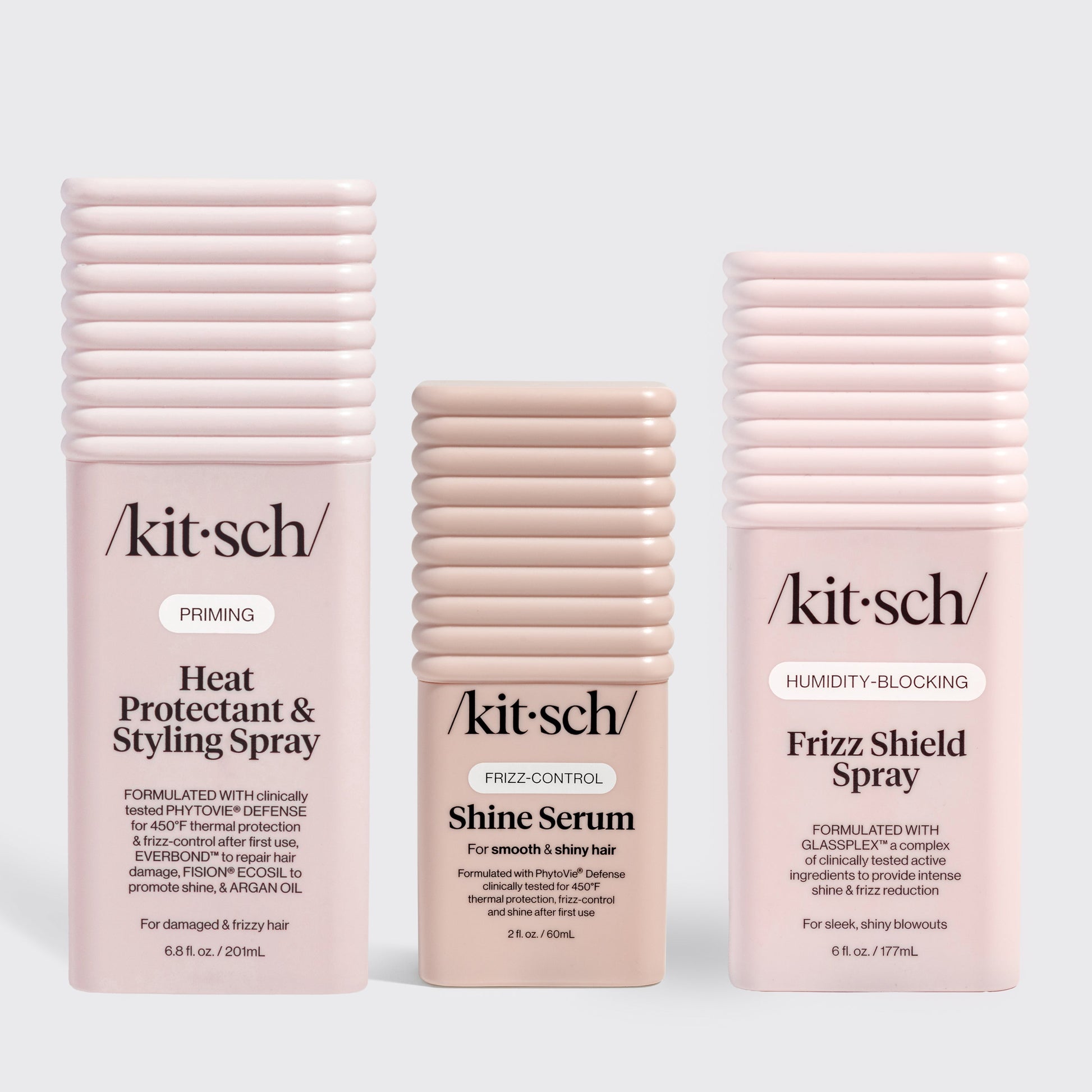 KITSCH Curl-to-Straight Frizz Control Bundle — product flat lay — Frizz Shield Spray, Heat Protectant Styling Mist, and Glass Hair Shine Serum — complete frizz control system for curly to straight styling