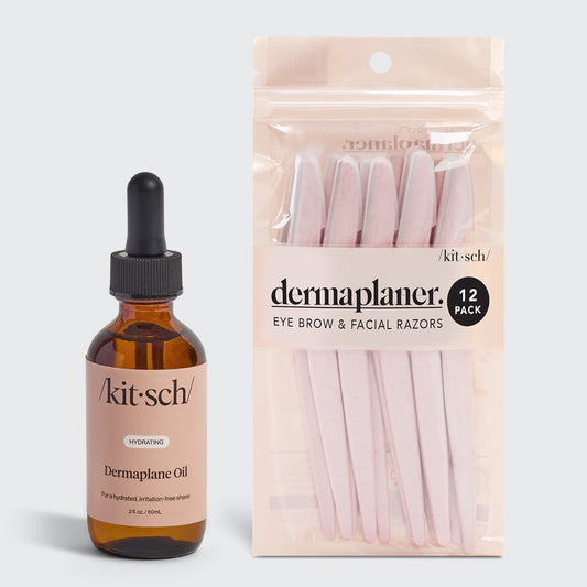 KITSCH Dermaplane Oil + Dermaplaner Bundle — hero product shot — lightweight antioxidant-rich oil with eco-friendly dermaplaner tool — for smooth, irritation-free dermaplaning