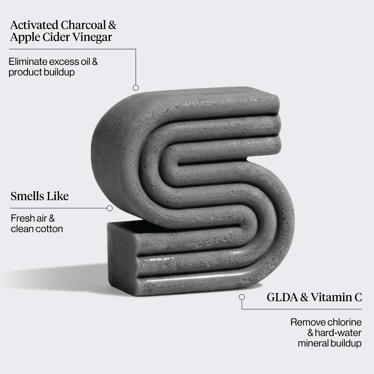 KITSCH Detox Shampoo Bar — key benefits and hero ingredients infographic — GLDA, Vitamin C, activated charcoal & apple cider vinegar — color-safe, sulfate-free, plastic-free & TSA-approved
