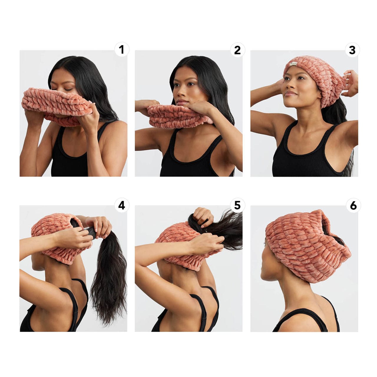 KITSCH Extra Wide Spa Headband — how-to step-by-step guide for wearing headband 6-step tutorial showing how to put on the Kitsch Extra Wide Spa Headband: hold open, place on forehead, pull over head, tuck in hair