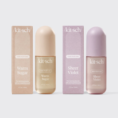 Kitsch Garden Tea Party Duo – Warm Sugar and Sheer Violet hair perfumes paired on a soft floral background