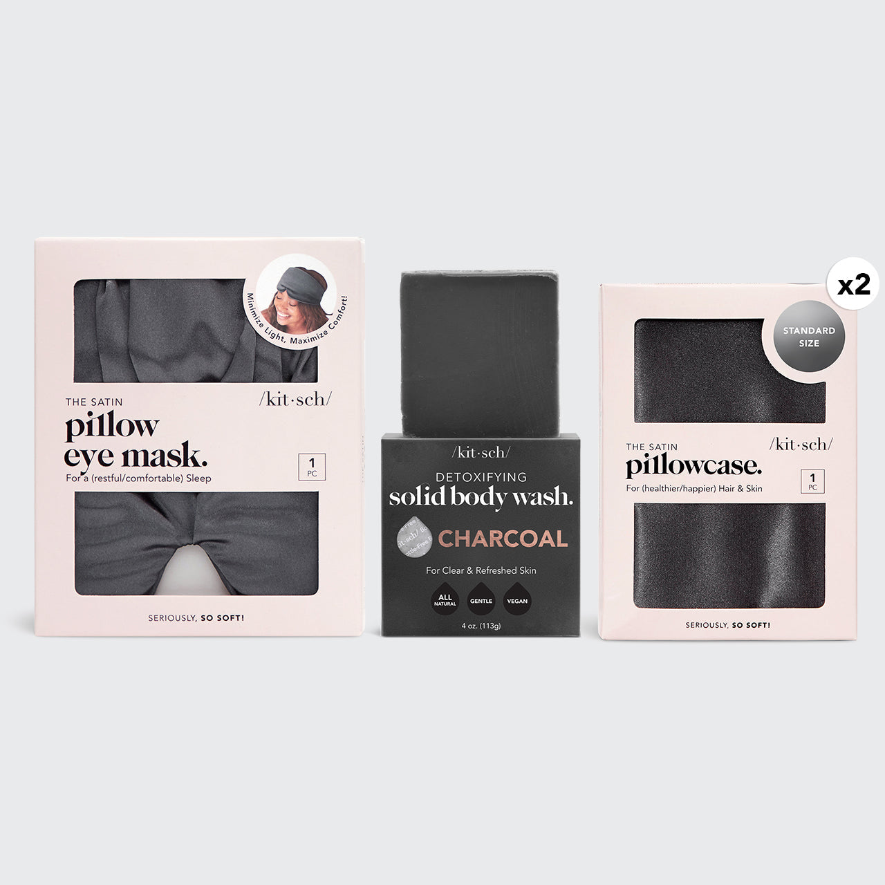KITSCH For Him Night & Day Care Kit — hero shot — charcoal pillowcase, eye mask, and body wash bar together