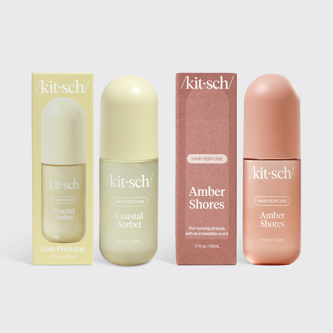 Kitsch Golden Hour Duo – Coastal Sorbet and Amber Shores hair perfumes paired on a golden warm background