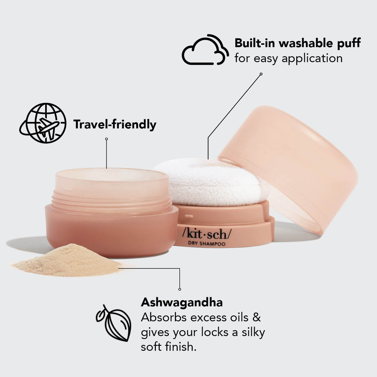 KITSCH Light Volumizing Rice Protein Dry Shampoo with Puff — ingredient-focused detail shot — Enriched with rice protein, niacinamide & ashwagandha — formula created without talc or benzene, no added fragrance