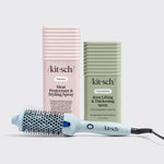 KITSCH Hair by Chrissy x Kitsch Blowout Bundle — lifestyle flat lay — heat protectant mist, thermal round brush, root lifting spray, and styling clips — complete professional blowout routine