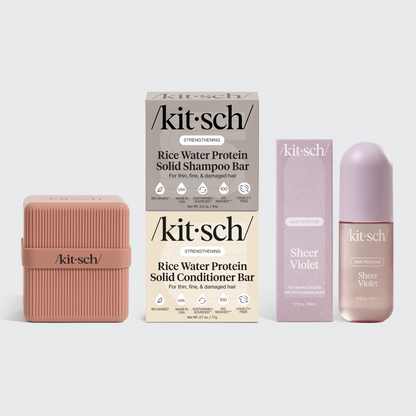 KITSCH Haircare To-Go Bundle — product variety shot — multiple shampoo and conditioner options with hair perfume and travel case