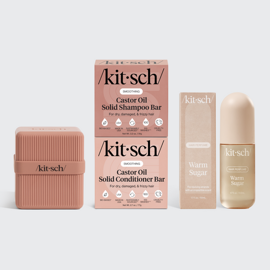 KITSCH Haircare To-Go Bundle — hero product shot — customizable shampoo and conditioner bars with 2-compartment travel case — perfect for travel