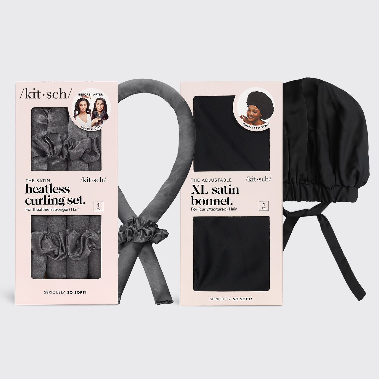 KITSCH Charcoal Satin Heatless Curling Set + Black Satin Sleep Bonnet Bundle — hero product shot — complete nighttime blowout routine