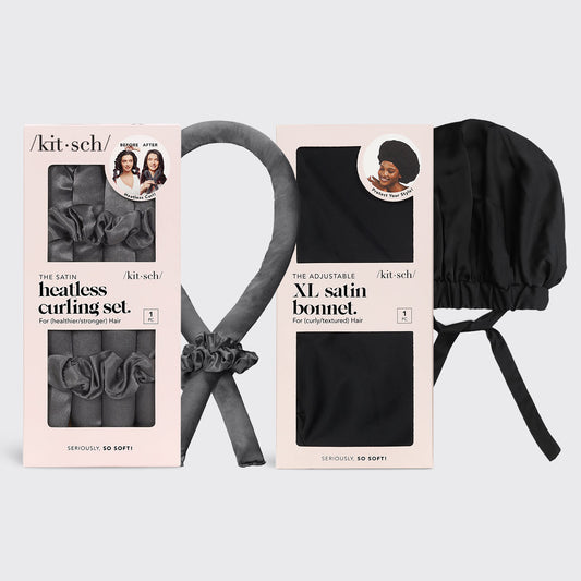 KITSCH Charcoal Satin Heatless Curling Set + Black Satin Sleep Bonnet Bundle — hero product shot — complete nighttime blowout routine
