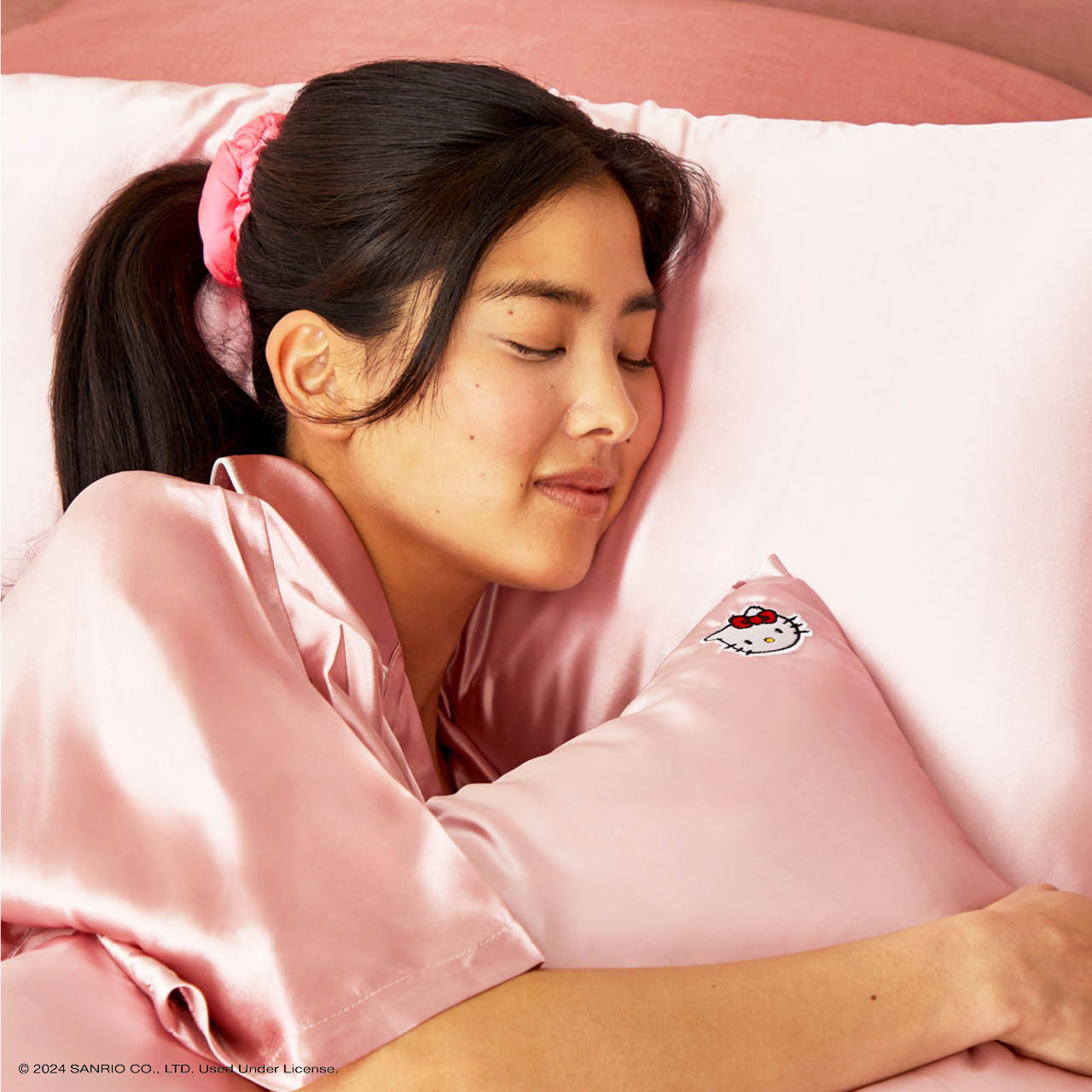 Hello Kitty x KITSCH Solid Pink Kitty Face Standard Satin Pillowcase lifestyle shot