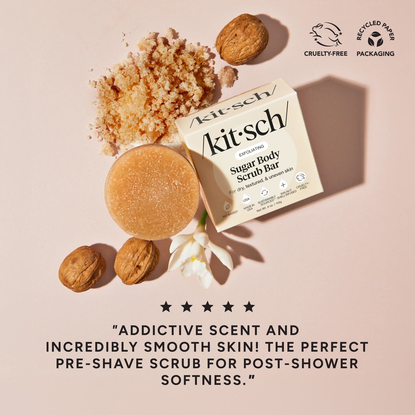 Kitsch Exfoliating Sugar Body Scrub Bar with brown sugar, walnut shells, and a five-star customer review.