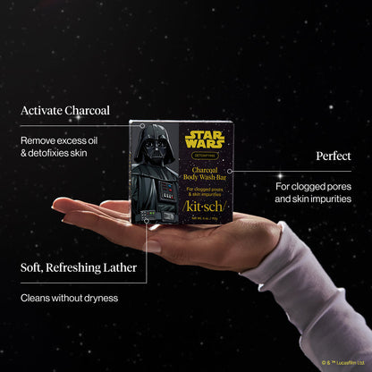 KITSCH Star Wars™ & Kitsch Charcoal Detoxifying Solid Body Wash Darth Detox — product infographic — Charcoal helps detoxify skin and absorb excess oils — ideal for daily cleansing, especially as an underarm bar