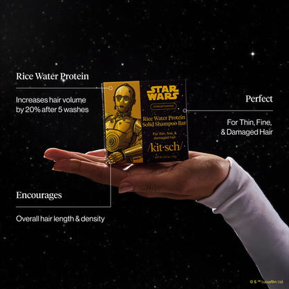 KITSCH x Star Wars™ Rice Water Protein Solid Shampoo Bar benefit infographic — hand holding C-3PO edition box against dark galaxy backdrop — callouts: Rice Water Protein: Increases hair volume by 20% after 5 washes; Perfect For Thin, Fine, & Damaged Hair; Encourages Overall hair length & density