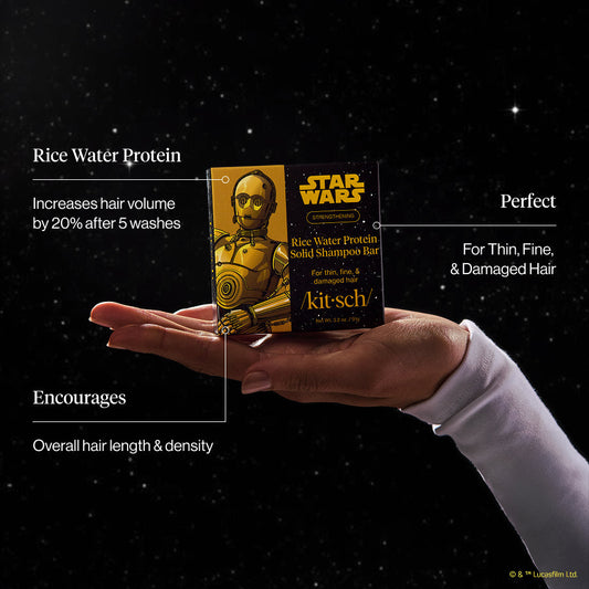 KITSCH x Star Wars™ Rice Water Protein Solid Shampoo Bar benefit infographic — hand holding C-3PO edition box against dark galaxy backdrop — callouts: Rice Water Protein: Increases hair volume by 20% after 5 washes; Perfect For Thin, Fine, & Damaged Hair; Encourages Overall hair length & density