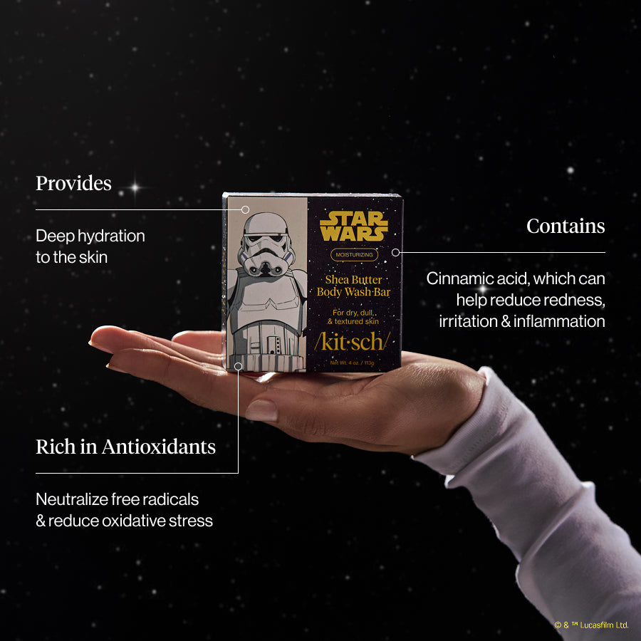 KITSCH Star Wars™ & Kitsch Shea Butter Moisturizing Solid Body Wash Stormtrooper Swirl — product infographic — Super-hydrating formula moisturizes your skin for mission-ready smoothness — reduces single-use plastic: saves two bottles of liquid body wash