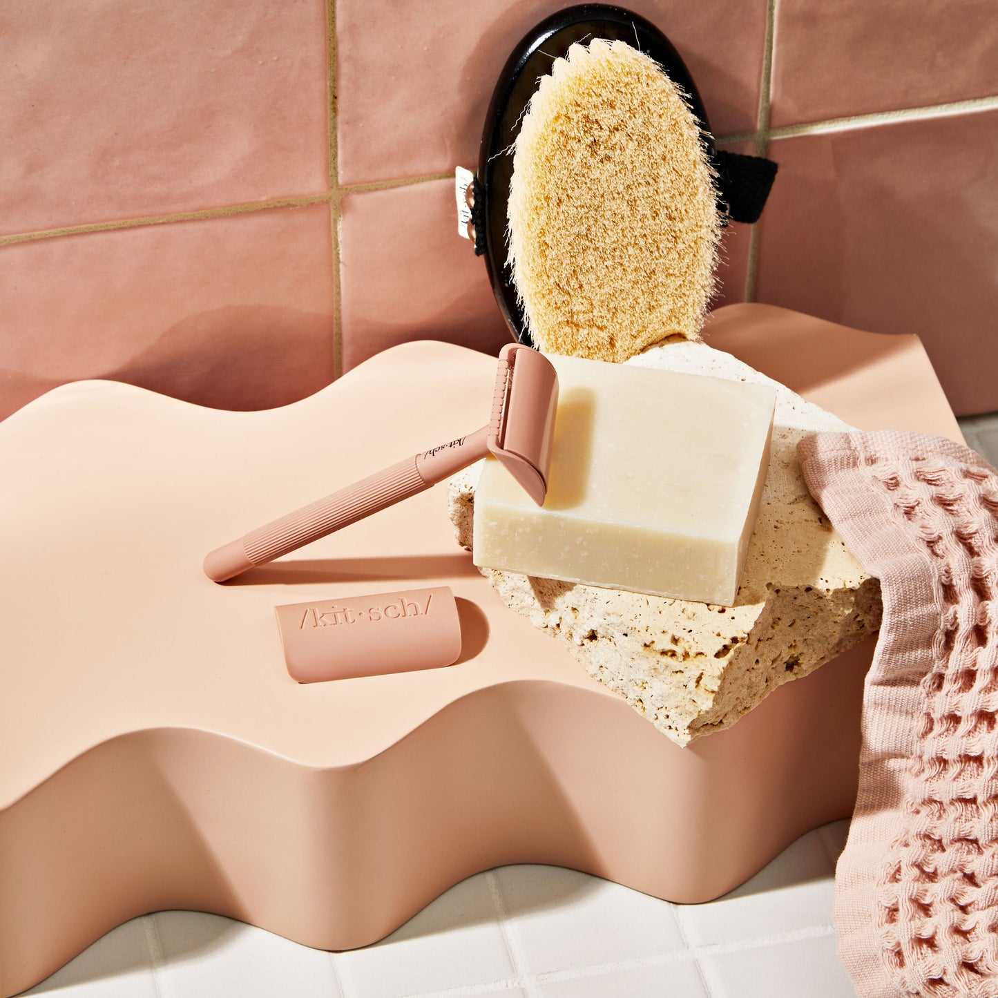 KITSCH Safety Razor & Shave Butter Bundle — feature close-up shot — solid shave butter bar lathering for close comfortable shave — eco-friendly & sustainable