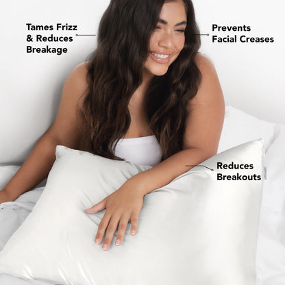 KITSCH Ivory King Satin Pillowcase — feature infographic — anti-frizz and breakage-reducing benefits