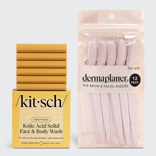 KITSCH Kojic Acid Face and Body Bar + FREE Eco-Friendly Dermaplaner — hero bundle shot — brightening bar with turmeric, hyaluronic acid, and shea butter bundled with dermaplaner