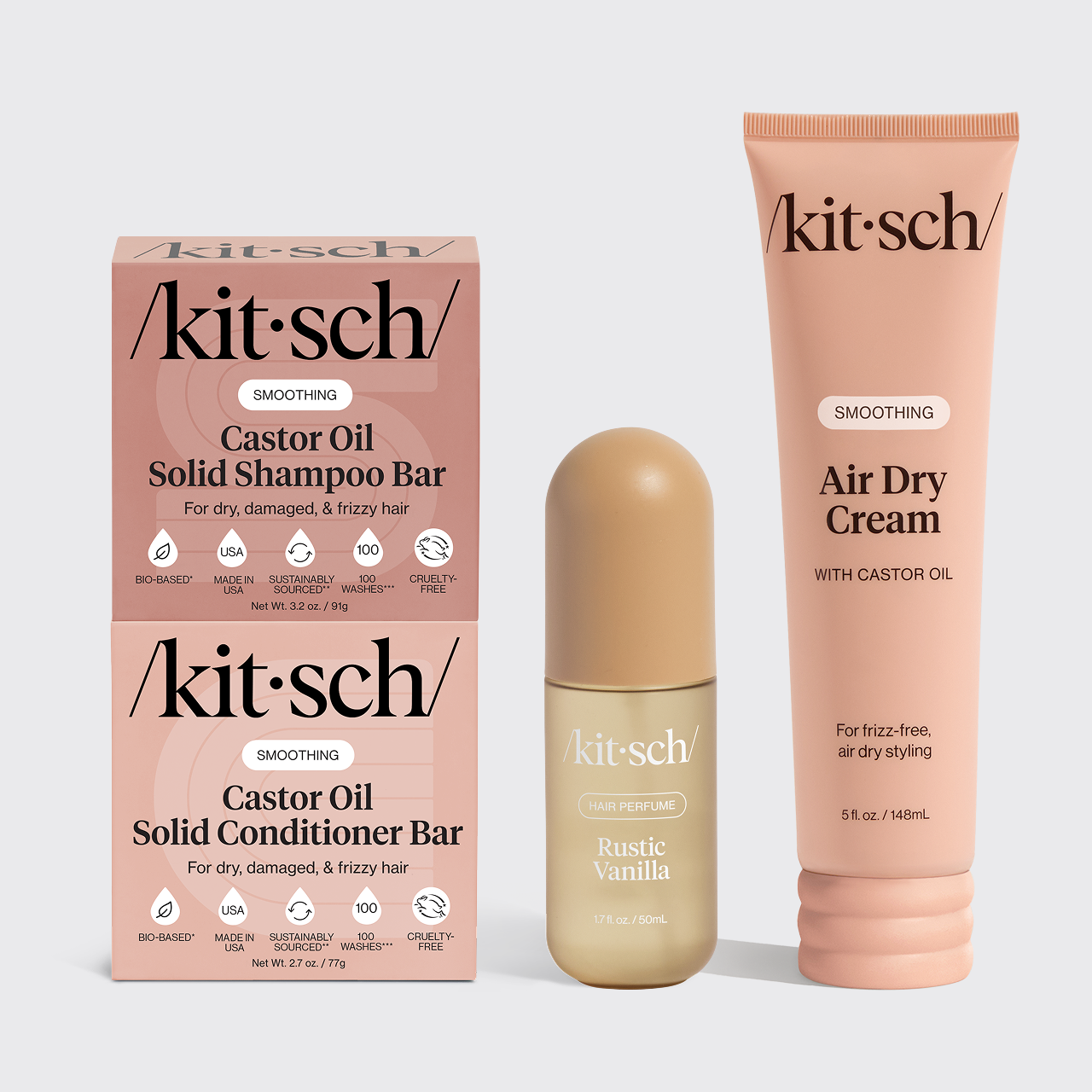 KITSCH Build Your Own Hair Routine Bundle with Castor Oil Solid Shampoo Bar, Conditioner Bar, Rustic Vanilla Hair Perfume, and Smoothing Air Dry Cream for frizz-free styling