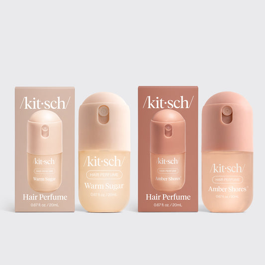 KITSCH Vanilla Vacation Minis Duo — product shot — Amber Shores & Warm Sugar 20mL mini hair perfume bottles and boxes side by side on white studio background — layer for a custom signature scent