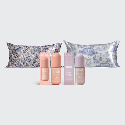 KITSCH Spring Reset Bundle — King — Bridgerton x Kitsch Satin Pillowcases + Tula Rose & Sheer Violet Hair Perfumes — hero product shot