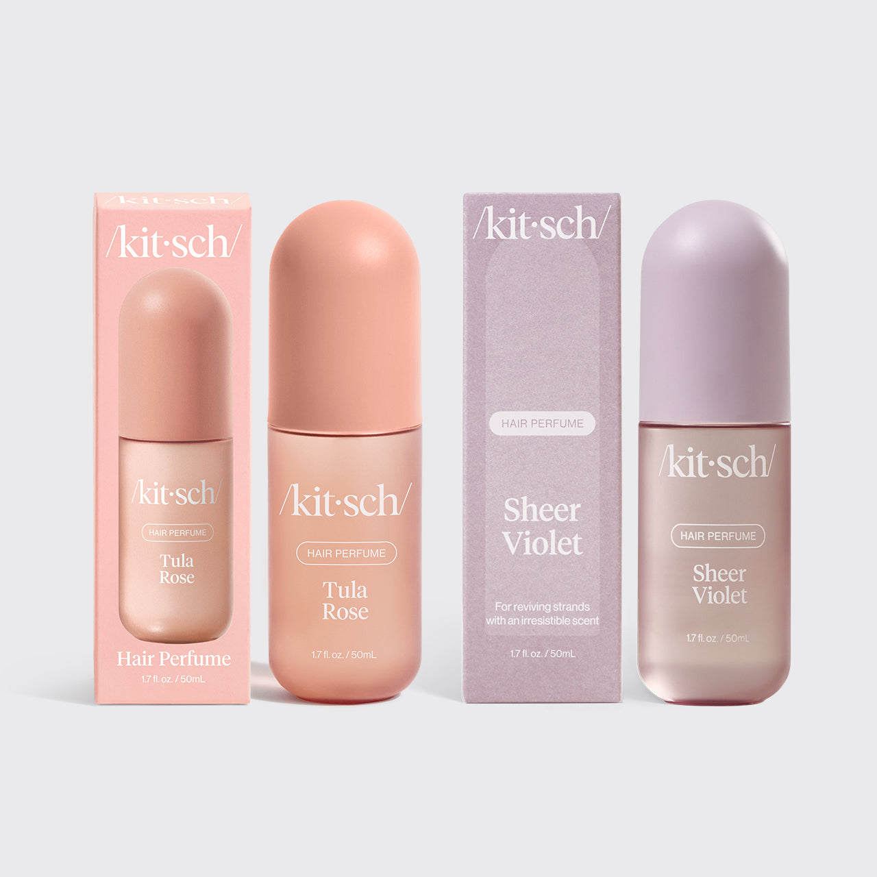 Kitsch Pretty in Bloom Duo – Tula Rose and Sheer Violet hair perfumes paired on a soft floral background